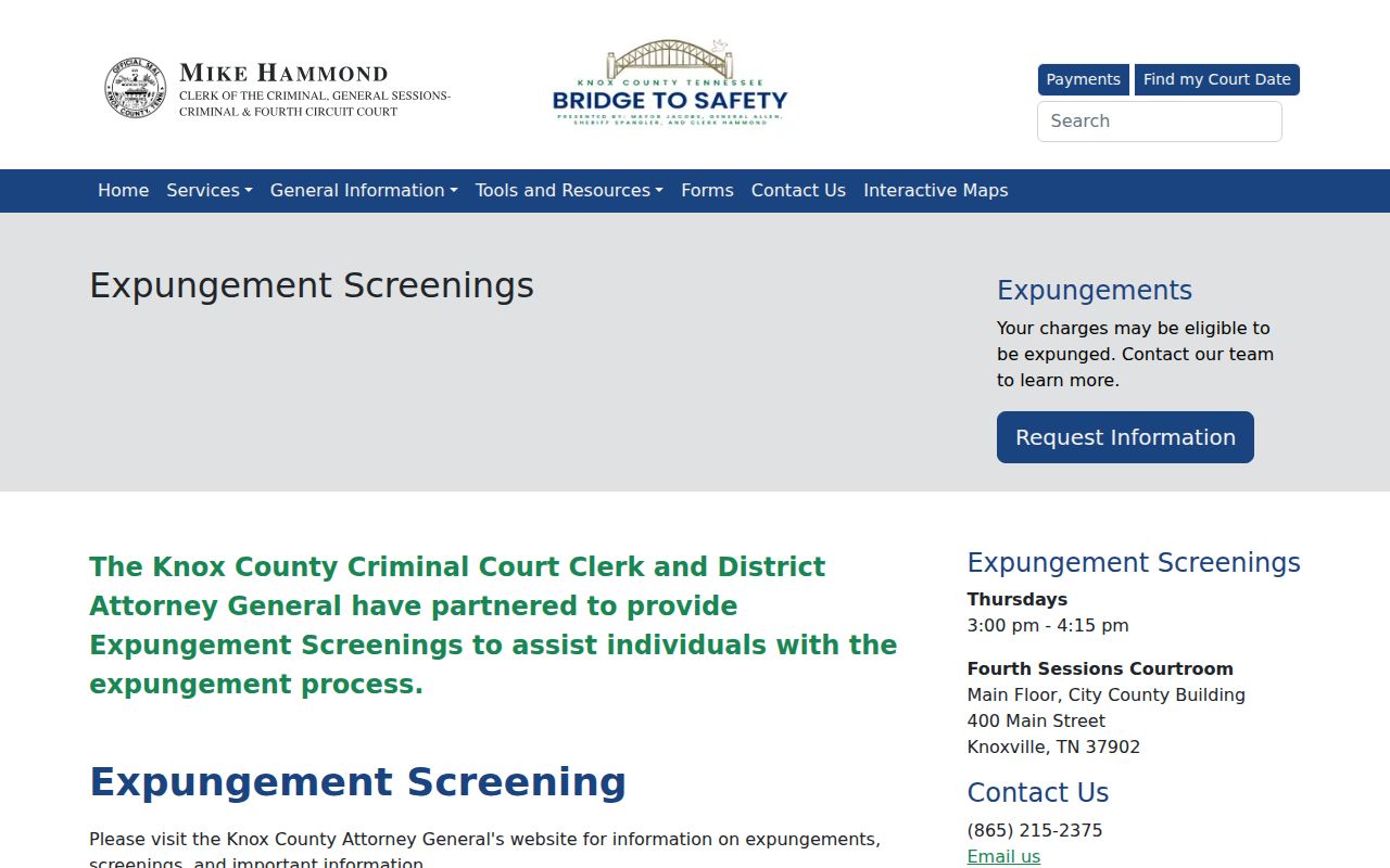 Knox County criminal court expungement screening information